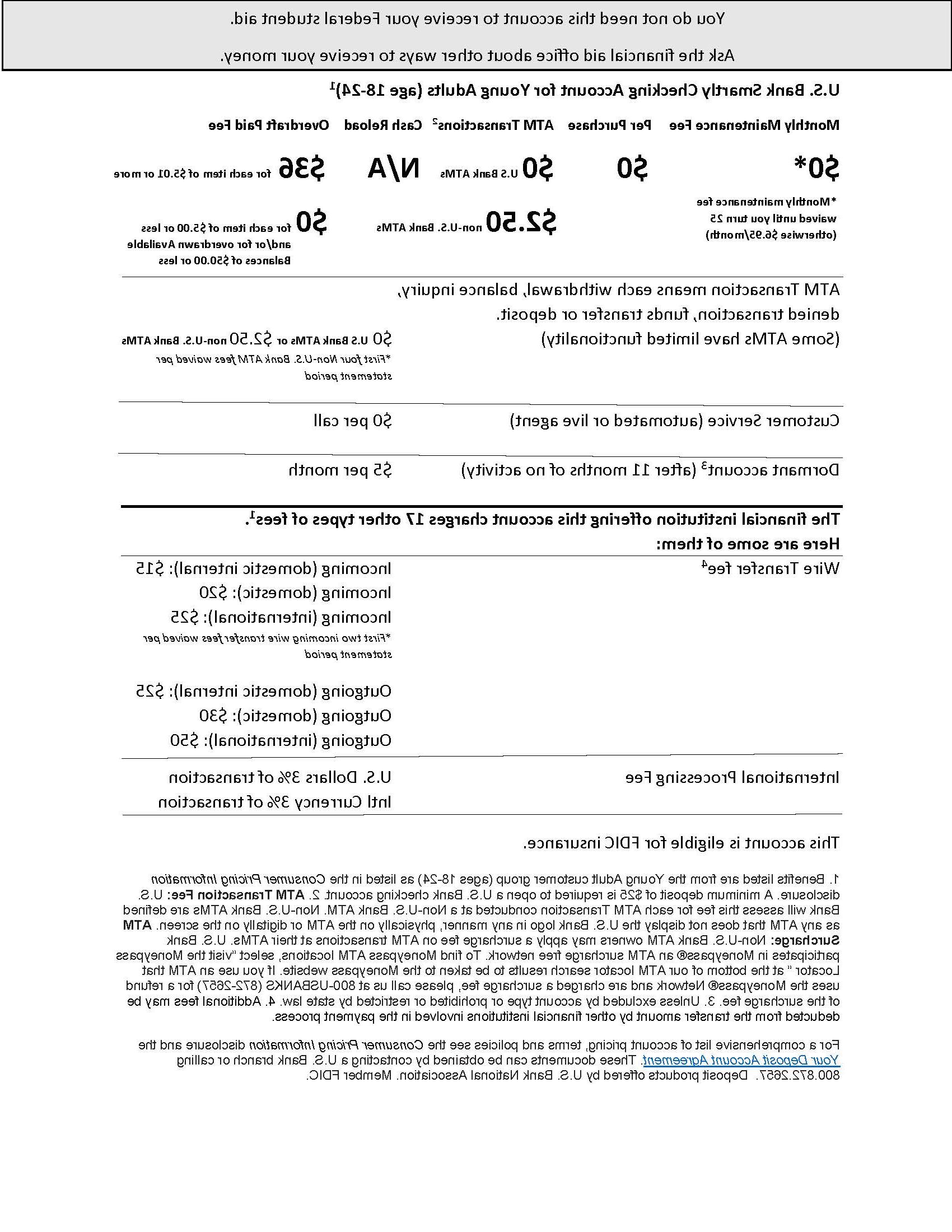 This image details the fees associated with U.S. Bank Smartly Checking Account for Young Adults